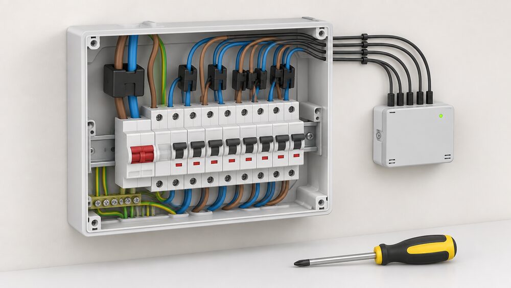 A close-up of an open domestic consumer unit on a wall, with small current transformer clamps clipped around several individual circuit cables and around the incoming supply, wired to a compact energy monitor module mounted beside it, with a screwdriver resting nearby.