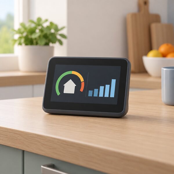 A portable touchscreen in-home display standing on a kitchen worktop, its screen showing a live usage figure and a simple bar graph as plain colour blocks with no readable words or numbers, representing the smart meter's real-time estimate.