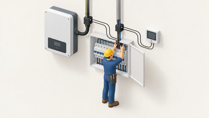 An isometric view of a solar inverter on a wall beside an open consumer unit, with a small electrician figure fitting one monitoring clamp around the PV generation cable and another around the incoming grid supply cable, both clamps wired to a small energy monitor.