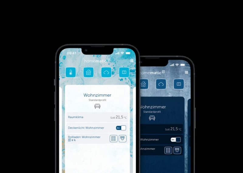 Two smartphones displaying the Homematic IP smart home control app with room climate and lighting controls