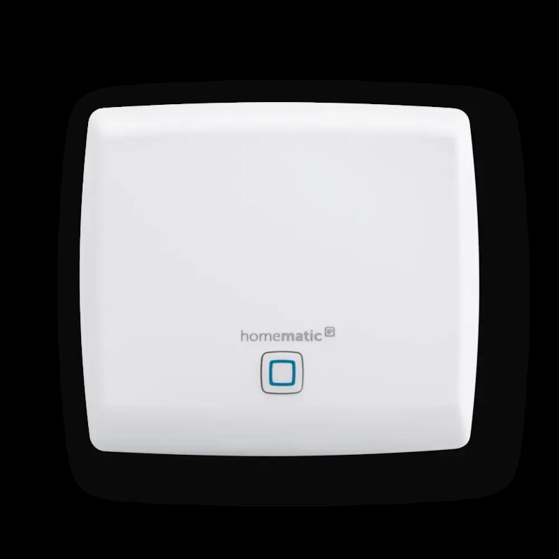 A white Homematic IP smart home control unit with a blue button on a plain background