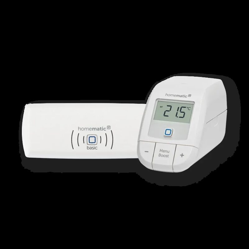 A Homematic IP basic heating starter set with an access point unit and a radiator thermostat displaying 21.5°C
