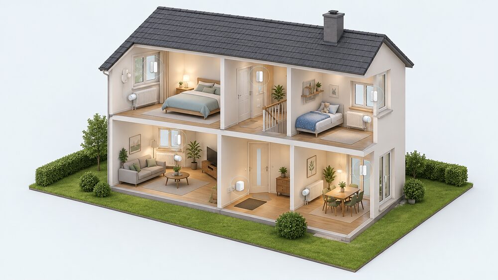 A cutaway of a two-storey house showing a Homematic IP Access Point plugged in indoors on the ground floor, radiator thermostats fitted on radiators in several rooms, and small window and door contacts mounted on window frames upstairs and downstairs.