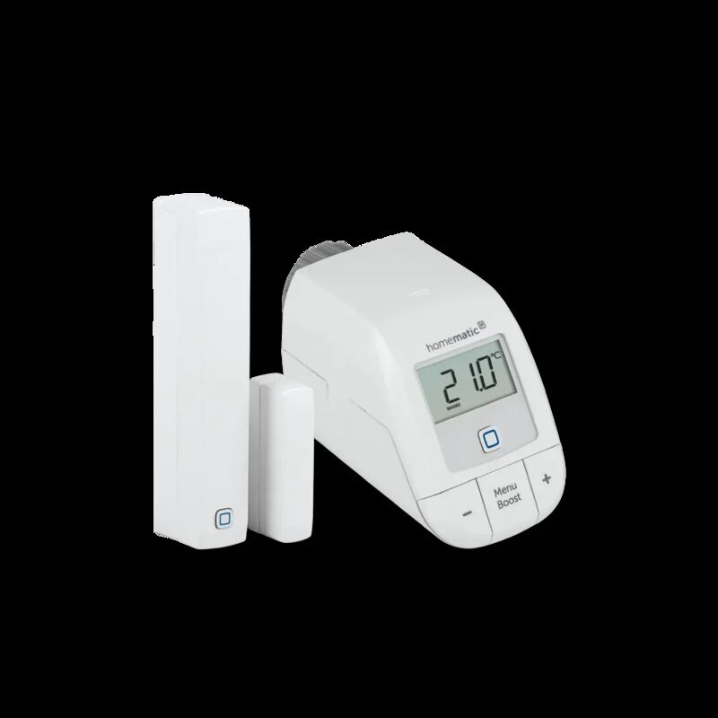 A Homematic IP smart radiator thermostat with a door/window contact sensor on a white background