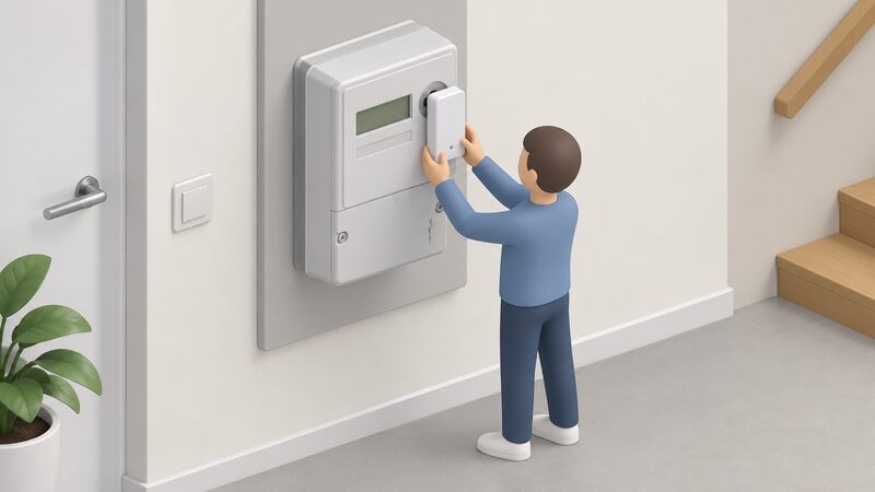 A small white rectangular sensor unit attached magnetically to the front of a wall-mounted electricity smart meter, aligned with the meter's optical port, with a simplified isometric figure standing beside it fitting the device in place.