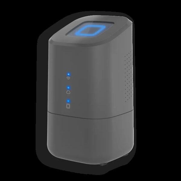 A Homematic IP Home Control Unit, an anthracite grey smart home hub with blue status lights, on a white background