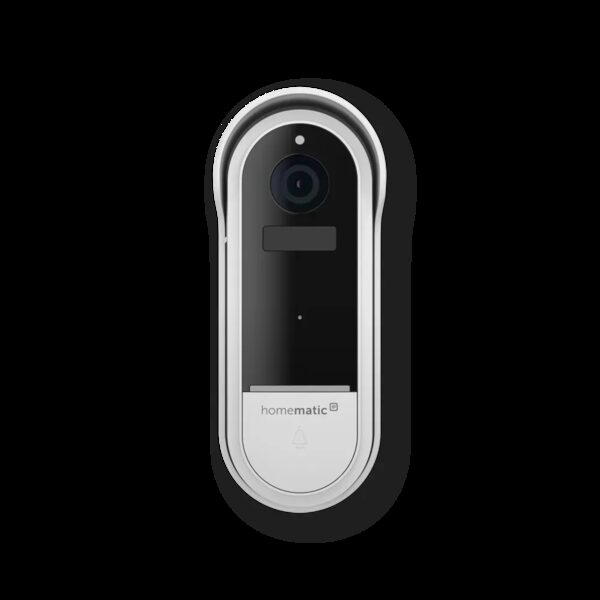 A Homematic IP video doorbell camera with a black glass front and white frame on a plain white background