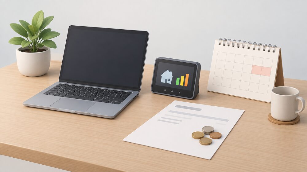 A small tabletop arrangement showing a smart meter display unit standing beside a laptop with a blank screen, a blank energy bill, a wall calendar marking a weekend block, and a few coins resting on the bill.