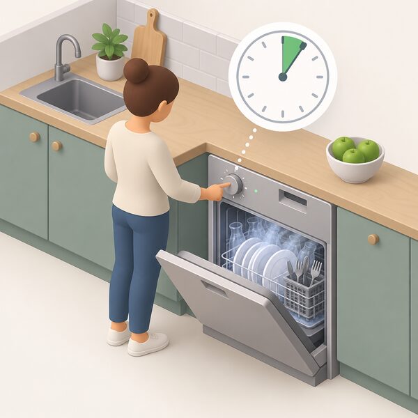 A kitchen scene with a dishwasher mid-cycle, its timer set so the wash runs during a chosen discounted electricity hour, shown as a simplified clock face indicating the selected slot.