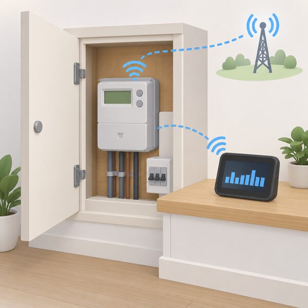 A communicating smart electricity meter in a household meter cupboard, shown with a signal link to the network, connected by a short wireless link to its in-home display unit nearby showing plain bars for half-hourly readings.