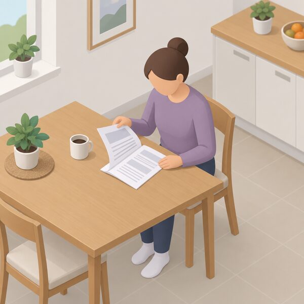 A person sits at a kitchen table at home reading a printed scheme terms document, turning a page, with the paper showing only blank lines and plain blocks where the conditions would be.