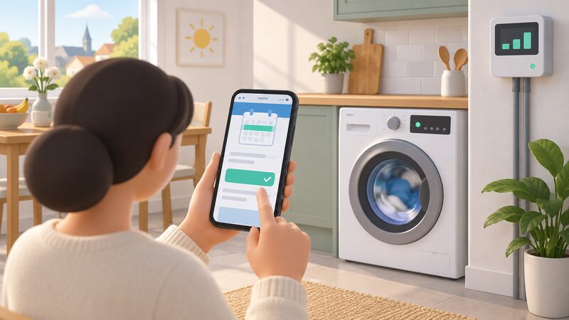 A smartphone held in a home kitchen shows a plain booking screen for a weekend free-electricity session, with a washing machine running nearby and a smart meter on the wall, all content on the screen shown only as blank lines and plain colour blocks.