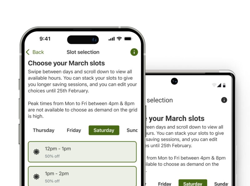Two smartphones displaying the Power Saver app's slot selection screen for choosing discounted electricity time slots