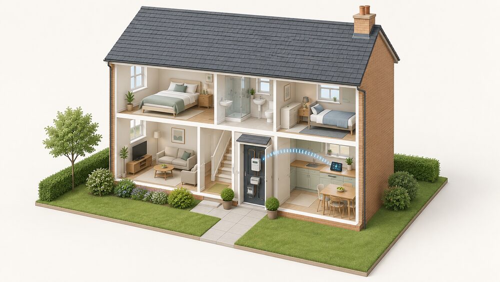 A cutaway house showing a smart electricity meter and gas meter in a meter cupboard near the front wall, a portable touchscreen in-home display on the kitchen counter, and a short-range wireless link drawn as a signal arc between meter and display.