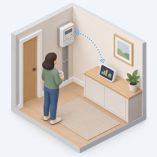 A smart electricity meter mounted on an indoor wall with a small in-home display screen on a nearby surface, shown as a simplified isometric cutaway with a dotted short-range wireless link arcing between the two devices.