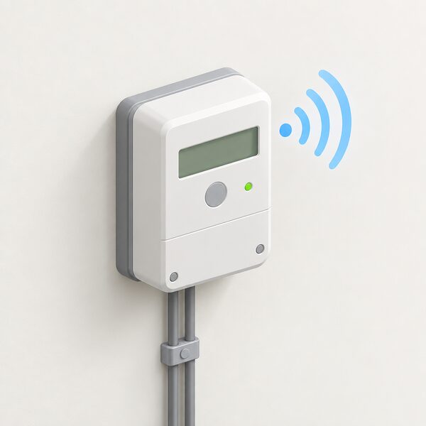 A simplified isometric figure of a smart electricity meter mounted on an interior wall, with a small signal shown travelling from the meter outward to represent readings being sent, and no other devices or people nearby.