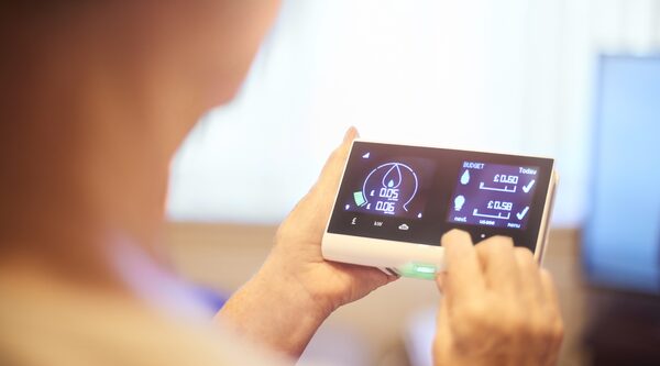 A person holding a smart meter in-home display showing energy usage and budget figures