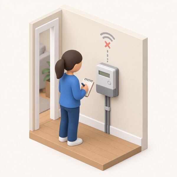 A smart electricity meter mounted on an interior wall with a faded, broken signal path above it showing it is no longer sending readings, while a simplified figure stands beside it writing a manual reading on a notepad.