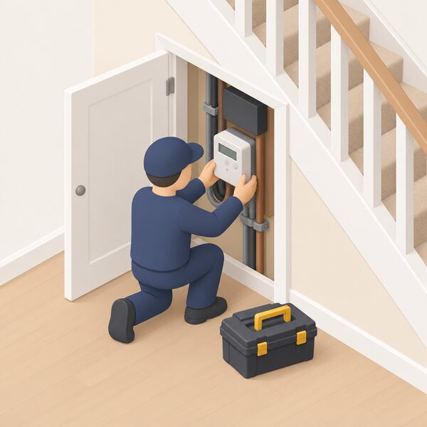 A simplified isometric installer in plain work clothing kneels at an open under-stairs meter cupboard inside a home, fitting a smart electricity meter onto the meter board with the supply cables, while a toolbox rests on the floor beside them during a booked installation visit.