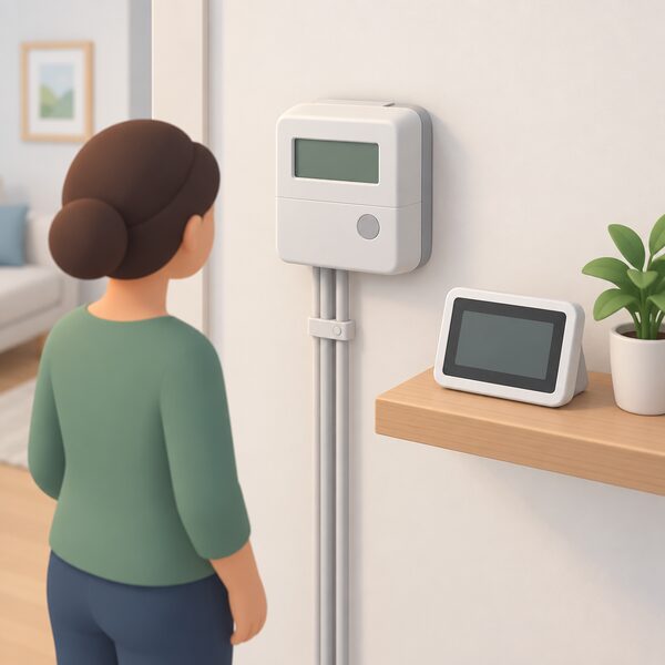 A compact smart meter mounted on an interior wall with its separate in-home display nearby on a shelf, both shown as plain devices with blank screens, illustrating the meter and its display together.