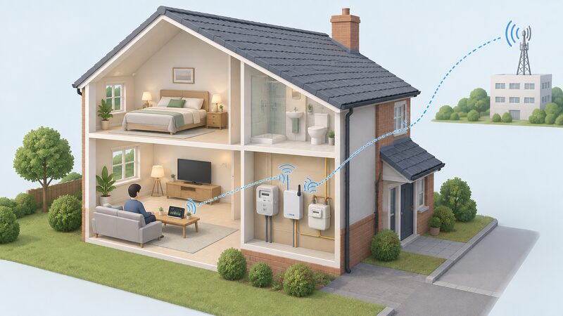 A cutaway diagram of a house showing the electricity meter with the communications hub beside it and the gas meter nearby in the meter area, an in-home display in the living room, wireless links between the three parts, and a wide-area wireless link from the hub out to the supplier.