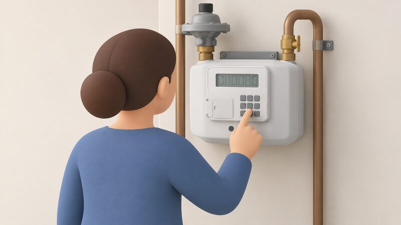 A person pressing the keypad of a wall-mounted gas smart meter to read the volume display directly, with no in-home display present in the scene.