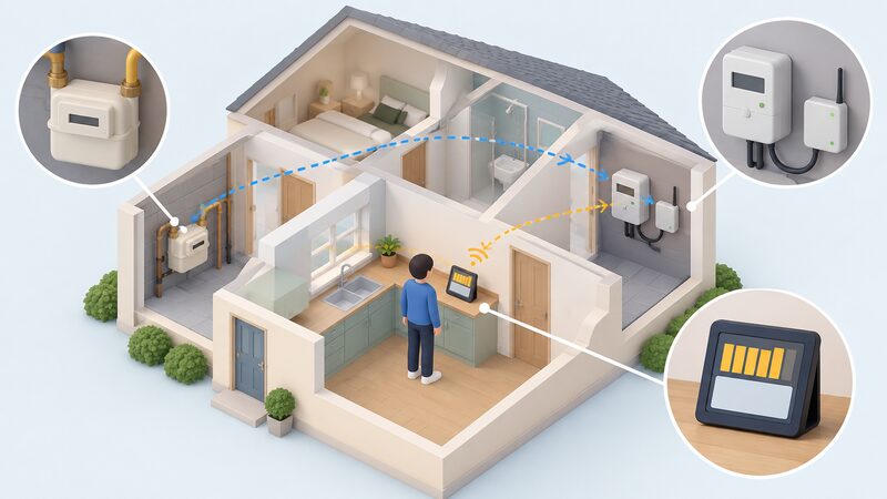 A small isometric figure stands at a kitchen worktop looking at an in-home display whose screen shows a filled electricity section with bars while the gas section below it is blank, with the electricity meter and communications hub in one room and the gas meter elsewhere in the house.