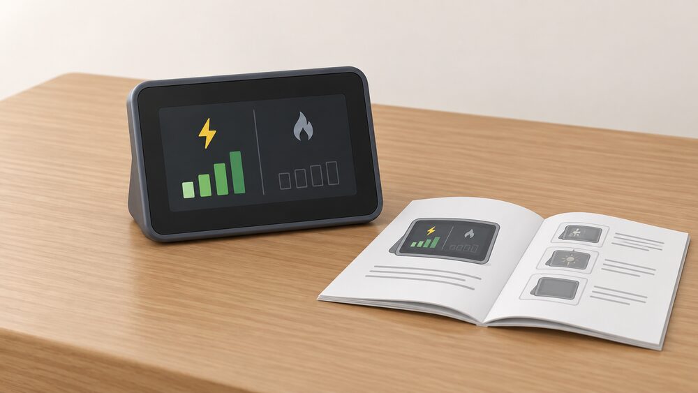 A small portable in-home display standing on a table, its screen showing one live usage bar beside an empty section, with its printed user guide booklet lying open next to it and nothing else in view.