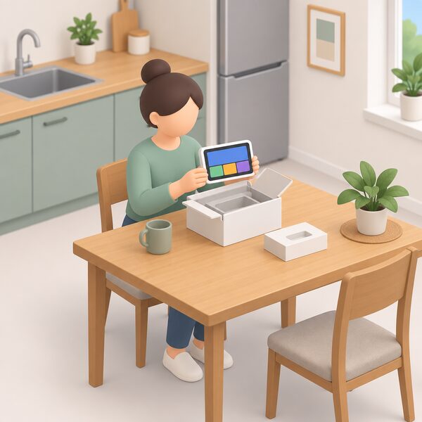A small isometric figure at a kitchen table holds a new in-home display device lifted from its open packaging, ready to pair remotely with no engineer visit needed.