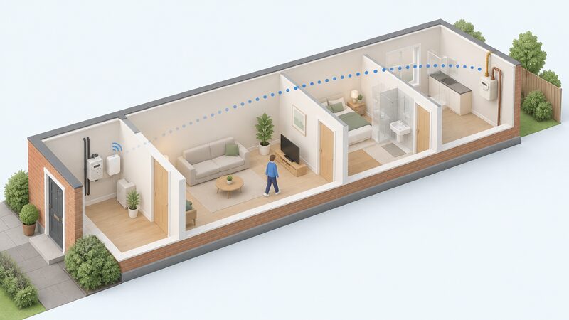 A cutaway view of a home showing the communications hub mounted beside the electricity meter at the intake, with the gas meter far away at the other end of the property, a dotted radio link reaching from the gas meter to the hub but fading before it connects.