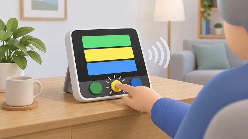 A close-up of an accessible in-home display on a table in a home, its high-contrast screen showing large plain blocks, with a person's hand pressing one of the large tactile buttons while sound waves suggest the spoken readout.