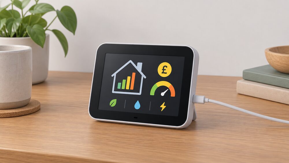 A close-up of a small portable in-home display with a colour screen showing energy use, standing on a table with its charging cable plugged in, a blank-screen troubleshooting moment suggested by it being moved closer and powered on.