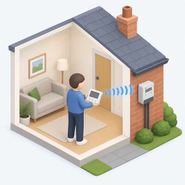 A simplified isometric figure holds a new replacement in-home display inside a UK home while it pairs wirelessly with the existing smart meter mounted on an outside wall, shown with a plain signal link between the two devices.