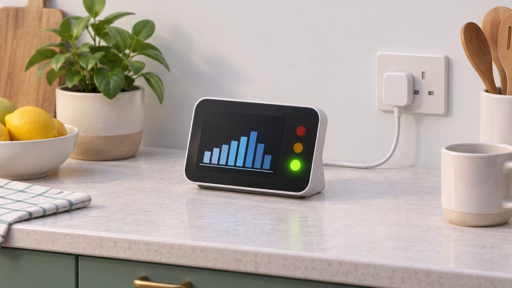 A close-up of a small portable in-home display standing on a kitchen counter, its screen showing a simple bar graph of energy use with a soft green glow from its traffic-light indicator, its power cable trailing to a socket.