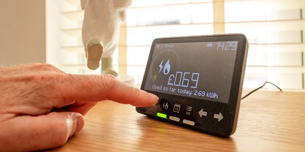 A finger pressing a smart meter in-home display showing today's energy use of 2.69 kWh costing £0.69