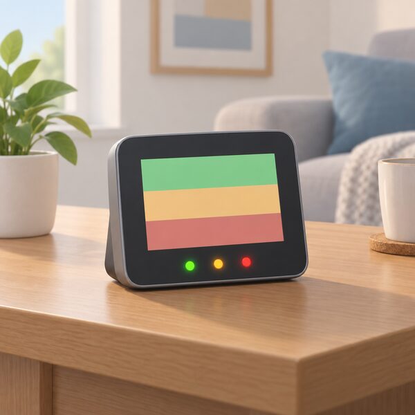 A small in-home display standing on a table in a home, its edge carrying a traffic-light style row of coloured LED indicator lights glowing green, amber and red to give an at-a-glance sense of whether electricity demand is low or high, with the screen content shown only as plain blank blocks.