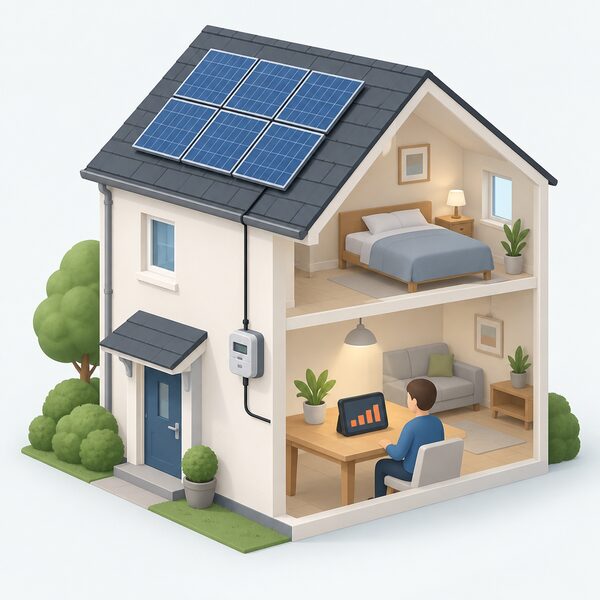 A cutaway view of a house with solar panels on the roof and an in-home display on an indoor table showing only a simple usage figure, with the panels' generation not appearing anywhere on the screen.