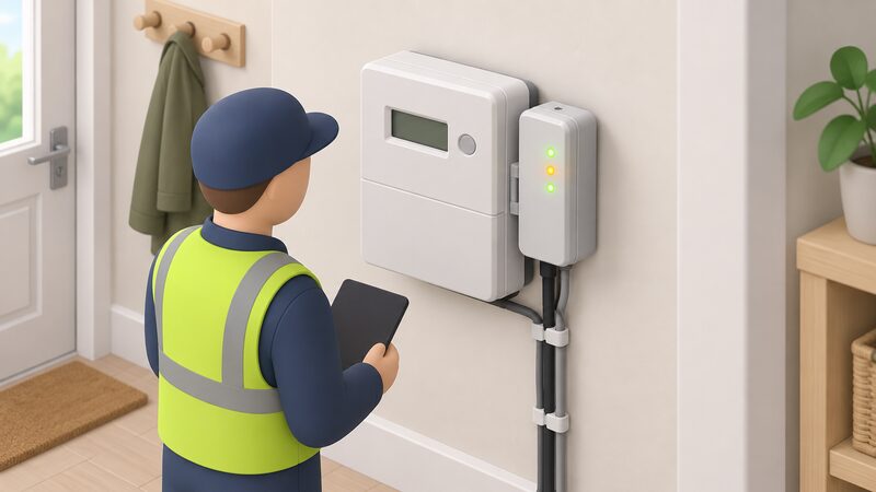 A close-up view of an electricity smart meter mounted on an indoor wall, with a communications hub clipped to its side, its small indicator lights glowing, and a simplified isometric figure of an installer checking the lights.