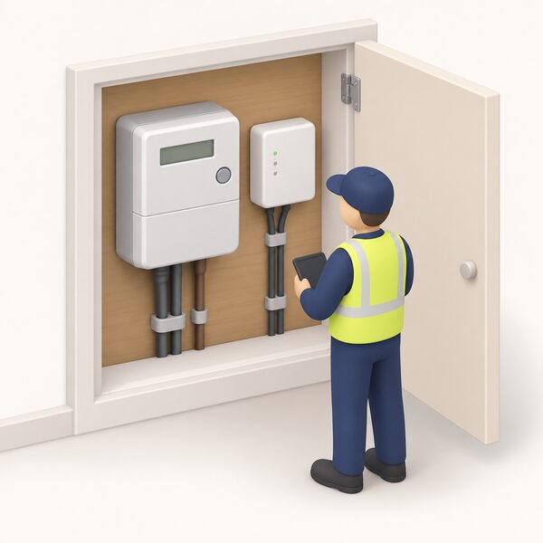 A small communications hub device mounted alongside the electricity smart meter in a domestic meter cupboard, with a simplified isometric figure of an installer checking the two units sit together.