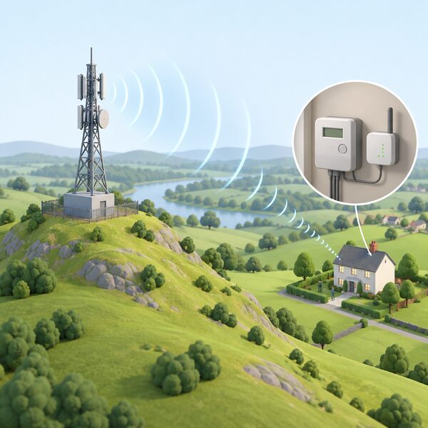 A tall radio mast on a grassy hilltop transmits signals across a simplified landscape toward a distant house whose smart meter and communications hub send readings up to it over the wide area network.
