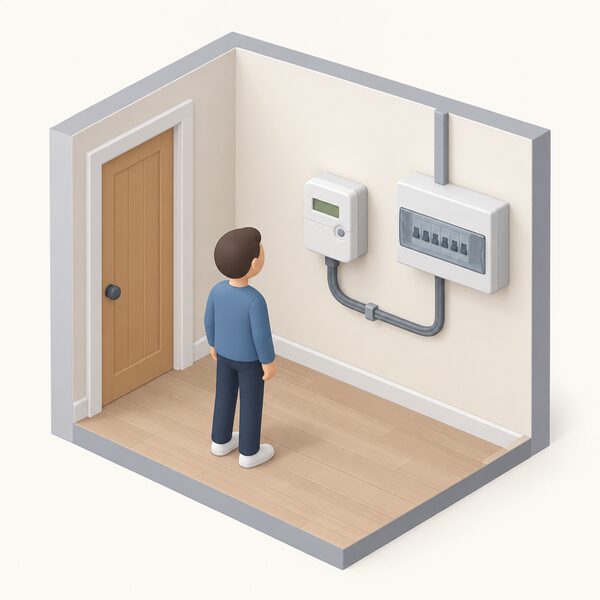 A simplified isometric view of a smart electricity meter mounted on an interior wall of a home, with its cable running to the consumer unit and a small figure standing nearby looking at it, no branding visible.