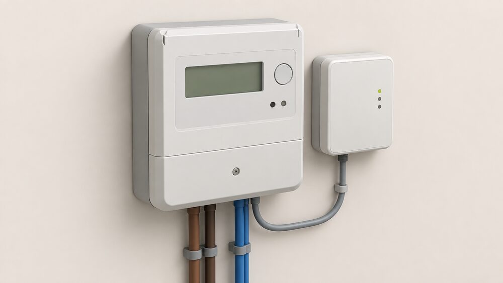 A close-up of a Landis+Gyr electricity smart meter mounted on a wall, with the small communications hub sitting directly beside it, both plainly visible with no other equipment.