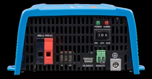 A blue Victron Energy 48V inverter shown from the rear, with DC terminals, VE.Direct port, remote connector and power switch visible