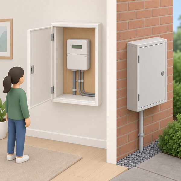 A small meter module mounted on the wall inside a sheltered indoor meter cupboard, with the cupboard door open to show the dry interior, contrasted by a closed external meter box on an outside wall left empty.
