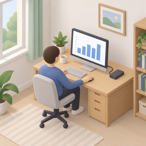 A simplified isometric home study scene where a desktop computer on a desk holds the household's own copy of its energy consumption records, shown as a plain bar chart on its screen, with a small storage drive beside it as a backup copy.
