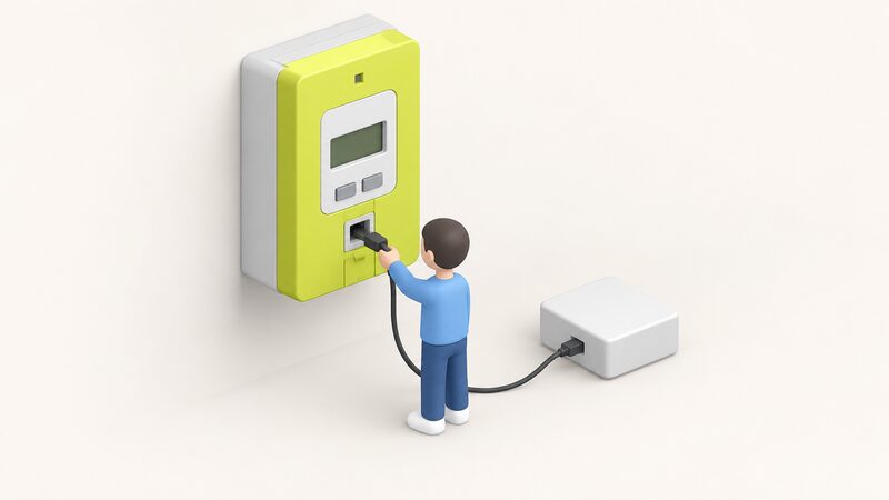 A small isometric figure plugs the Smappee TIC module's cable into the prise TIC port on the lower front of a wall-mounted Linky digital electricity meter, the module's other end linking onward, with no clamps on any cable.