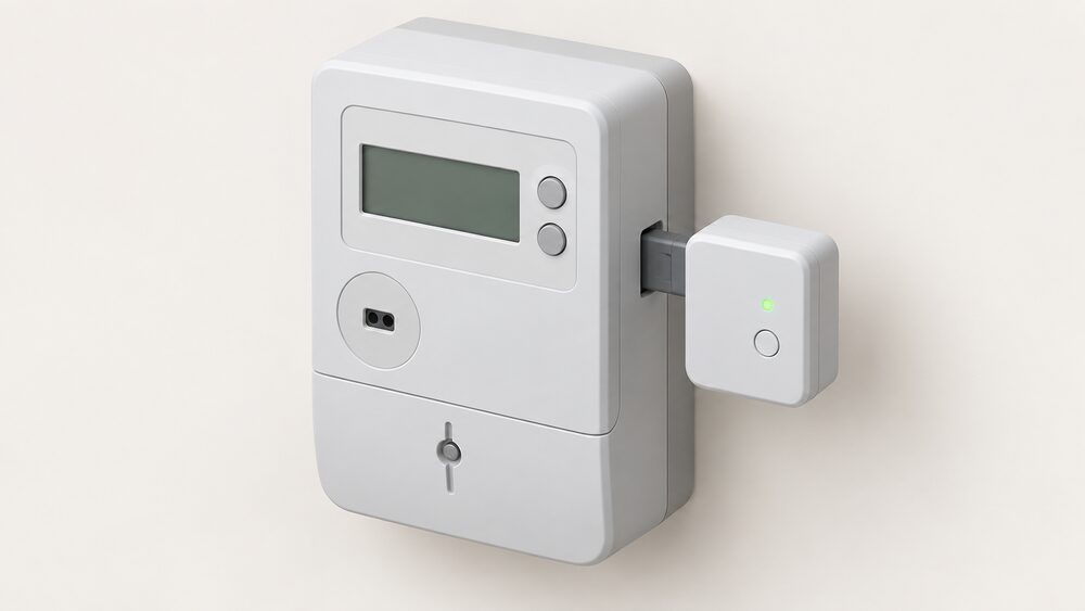 A close-up of a digital electricity meter with a small rectangular TIC communication module plugged directly into the meter's own data port by a short connector, the module's status LED lit, with no clamp around any cable.