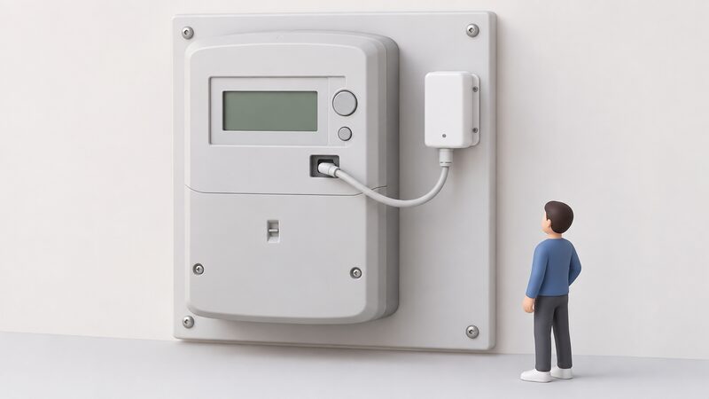 A small white TIC module mounted beside a digital electricity meter, connected by a short cable to the meter's dedicated TIC port, with no clamp fitted around any cable.