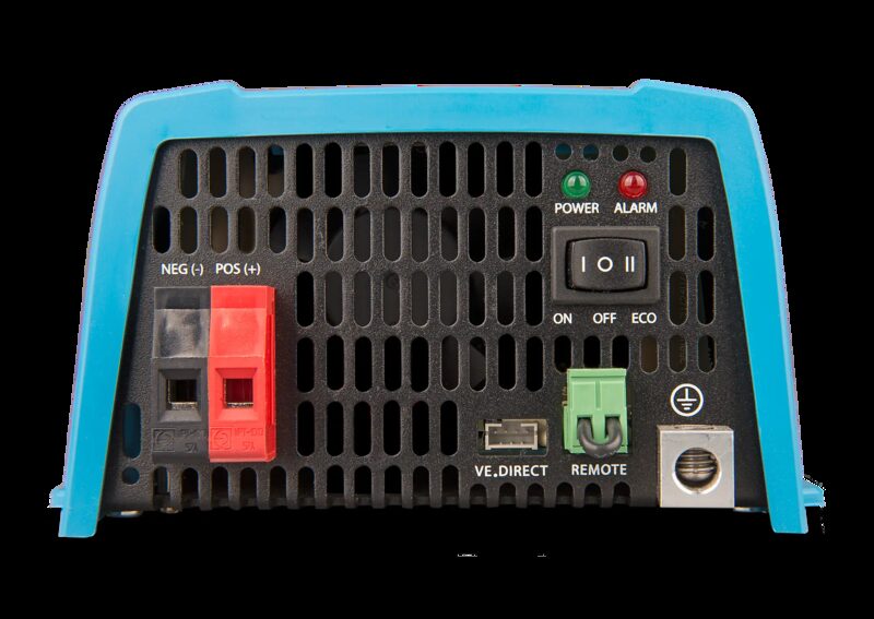 Close-up of the connection panel of a blue Victron Energy 48V inverter showing DC terminals, VE.Direct port, remote socket and power switch