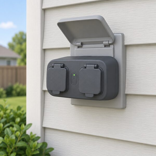 A weatherproof two-outlet outdoor smart plug pushed fully into an exterior wall socket, with both outlet covers closed, mounted on an outside house wall in dry weather.